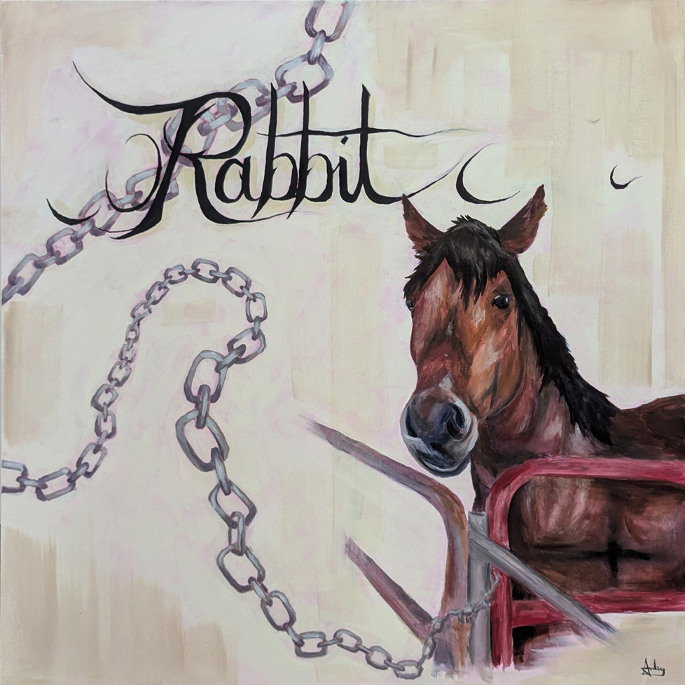 painting of horse on square canvas with chain and the word "Rabbit" in script