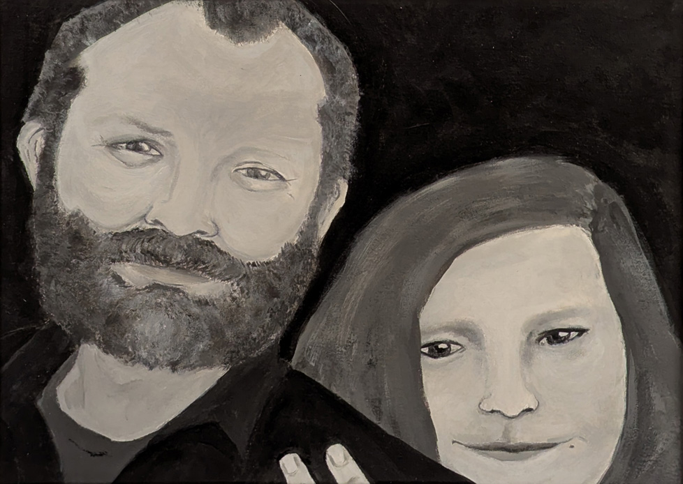 b/w painting of couple or father and daughter