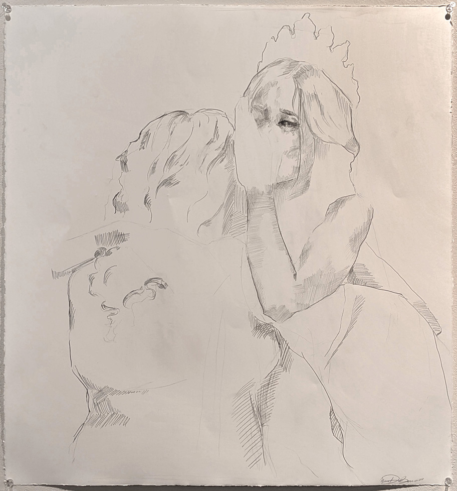 unfinished drawing of woman with crown whispiring in another's ear