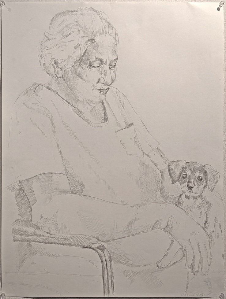 drawing of old woman with dog