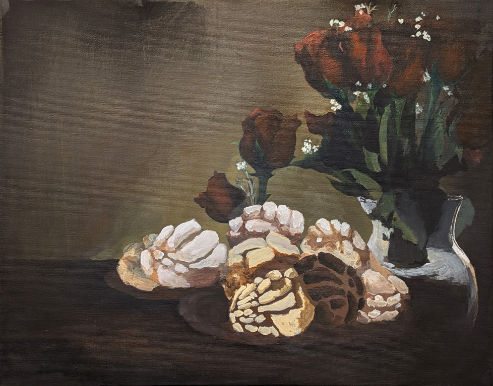 painting of bread and flowers
