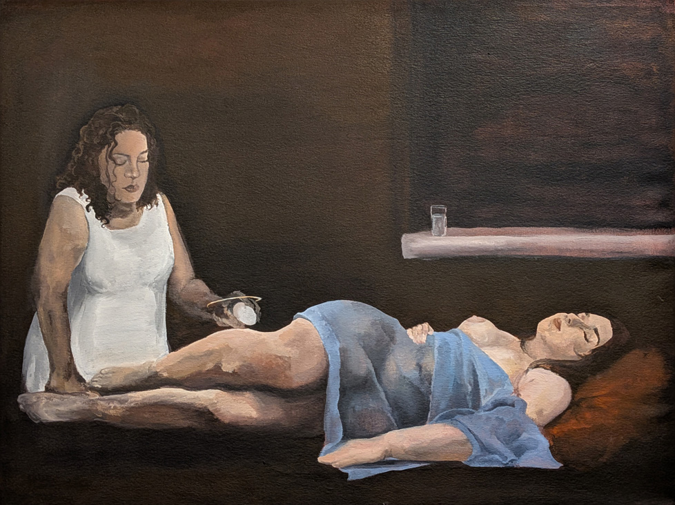 painting of reclining woman with second woman standing nearby