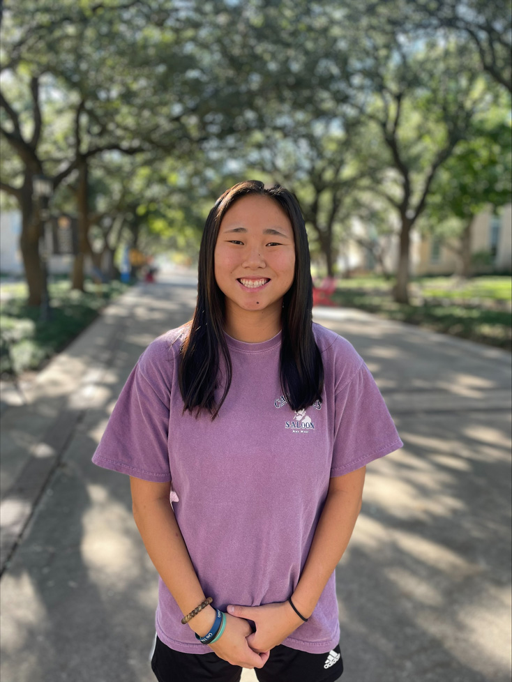 Grace in light purple shirt on mall