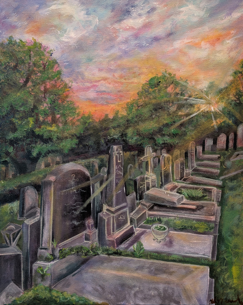 painting of graveyard at sunset or sunrise