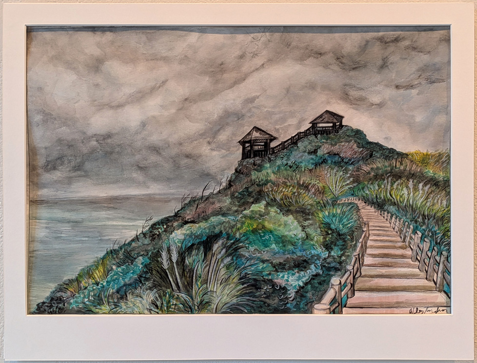 painting of wall by seaside with gray sky