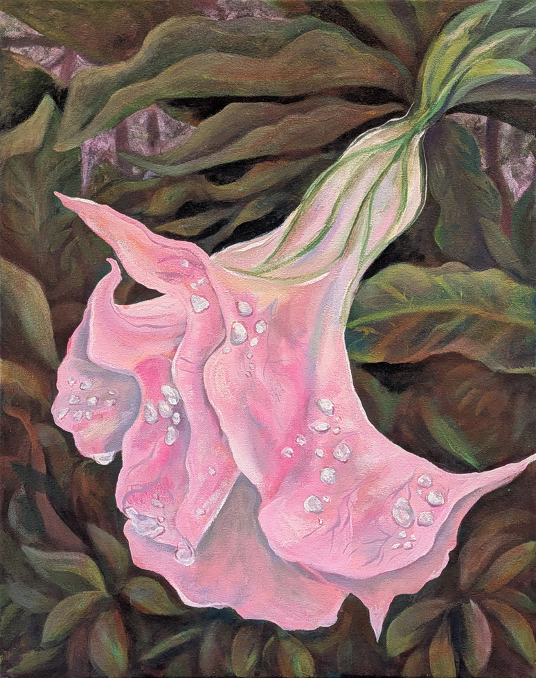 painting of pink flower with dew