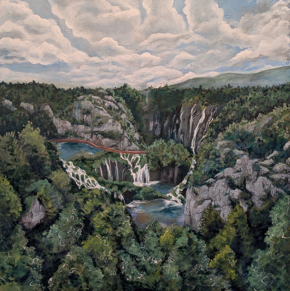 square landscape painting of a valley with waterfalls