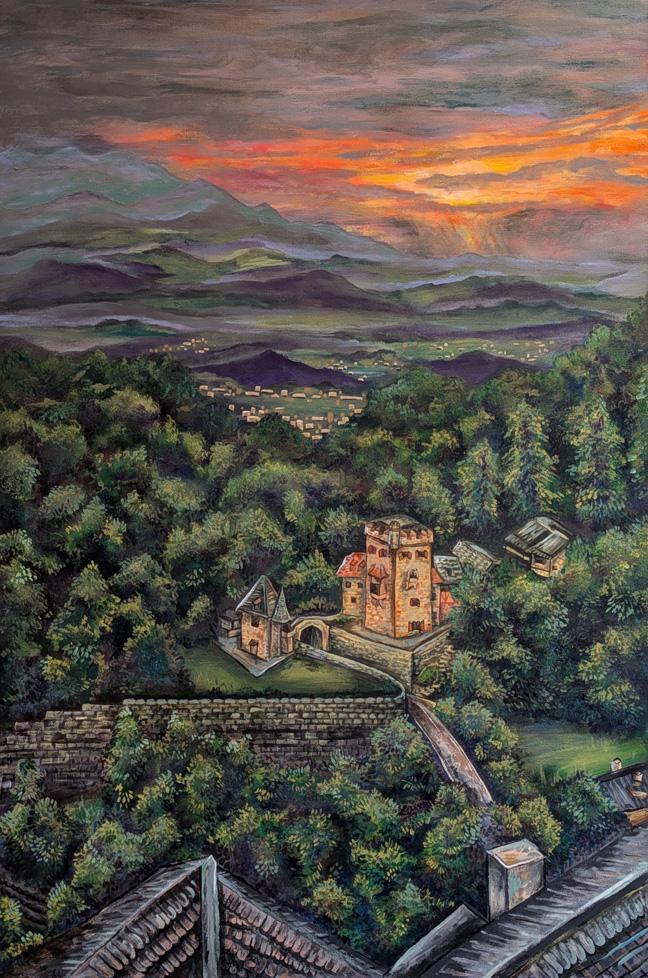 landscape painting looking down on castle view from above