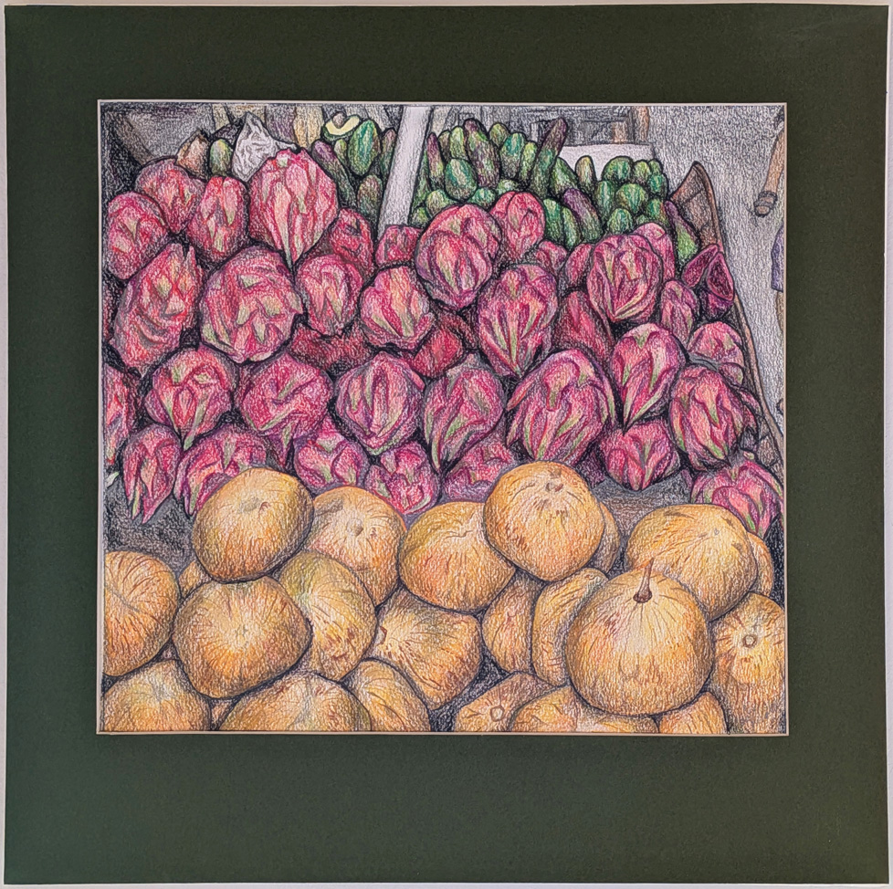 color drawing of fruit in vendors cart