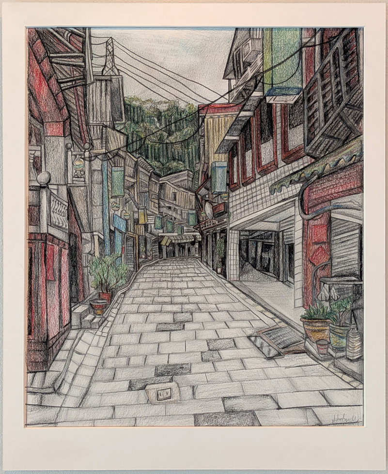 color drawing of brick street cityscape