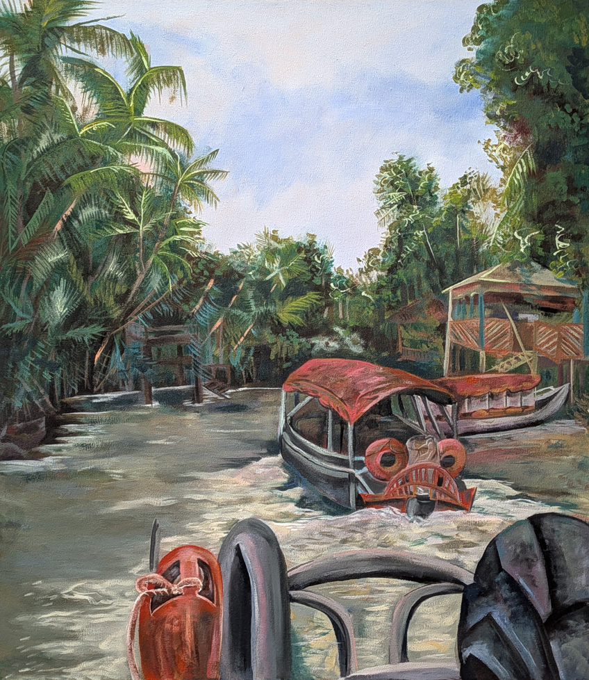 painting of river with boats in jungle