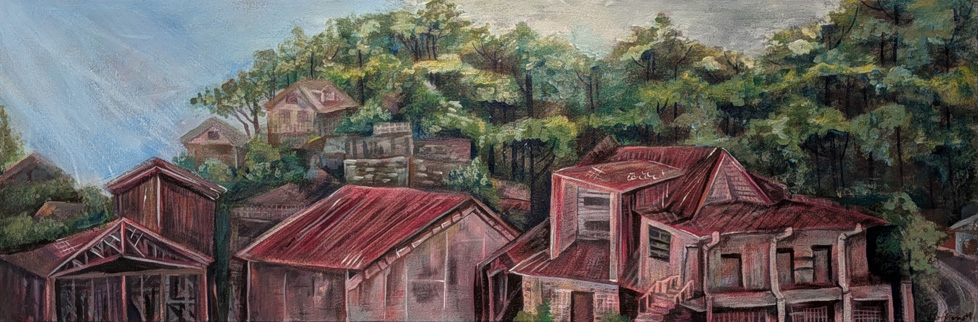 long narrow painting of buildings and landscape, perhaps seen from a balcony