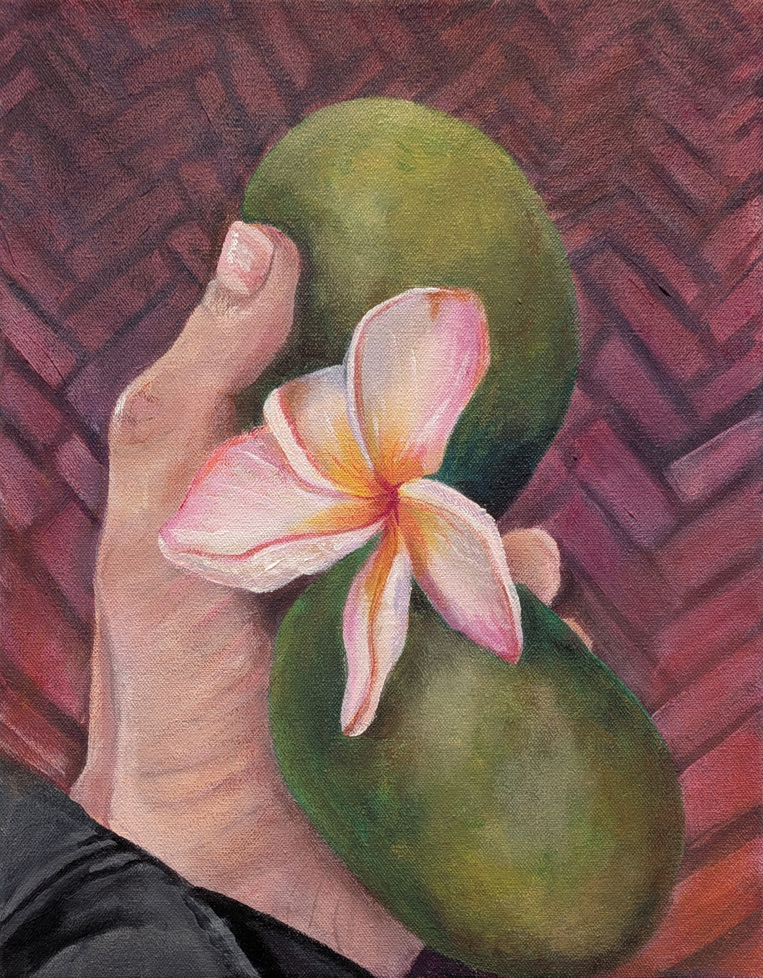 painting of hand holding two mangos
