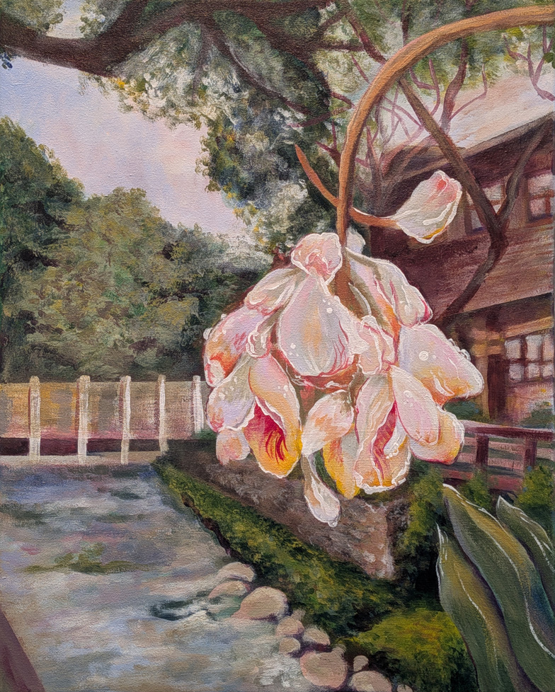 painting of dangling plant in front of building