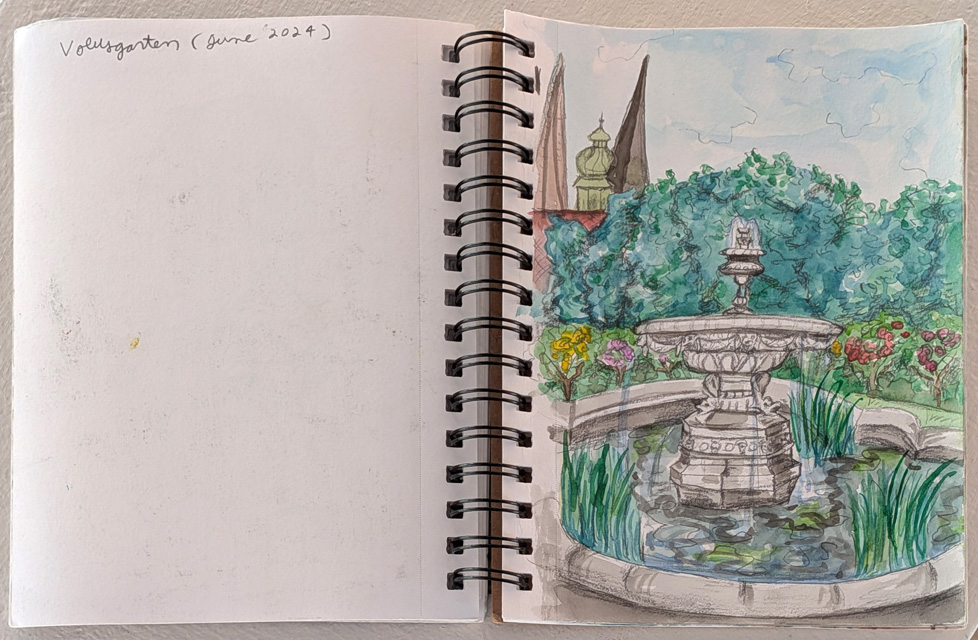 sketchbook page, color sketch of fountain