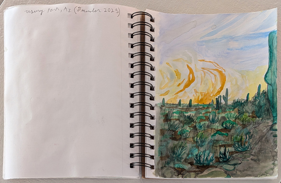 color sketchbook page of desert landscape