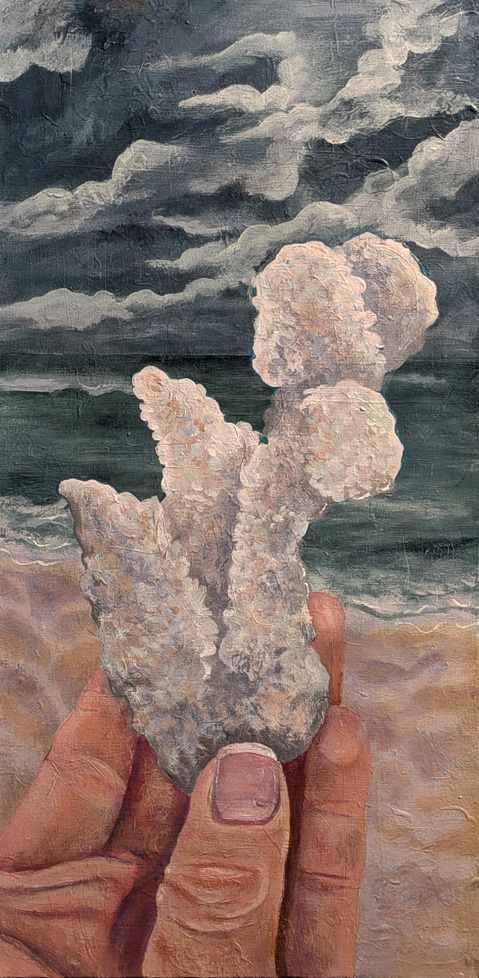 painting of hand holding white coral shaped something like a swan