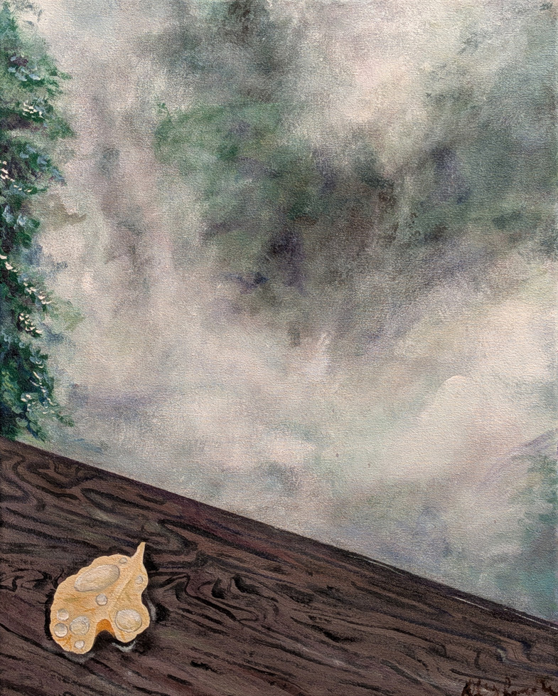 painting of wood ledge with leaf overlooking cloudy unknown
