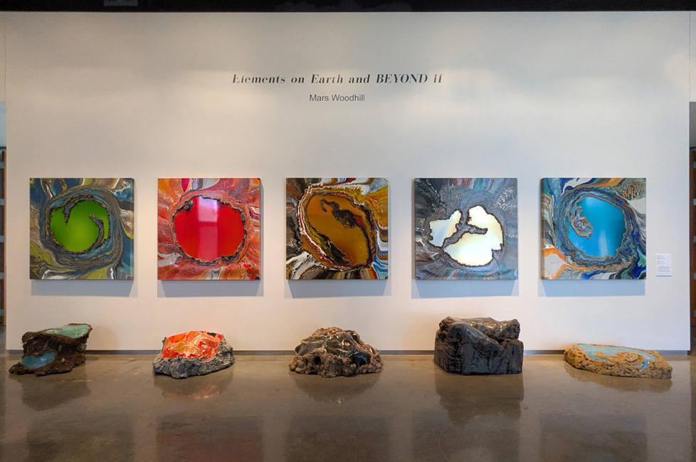 5 paintings and 5 corresponding sculpture with elements cut out of paintings (replaced by mirror)