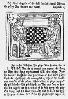 Woodcut of the Philosopher Teaching the King to Play," from Caxtons "Game and playe of the chesse